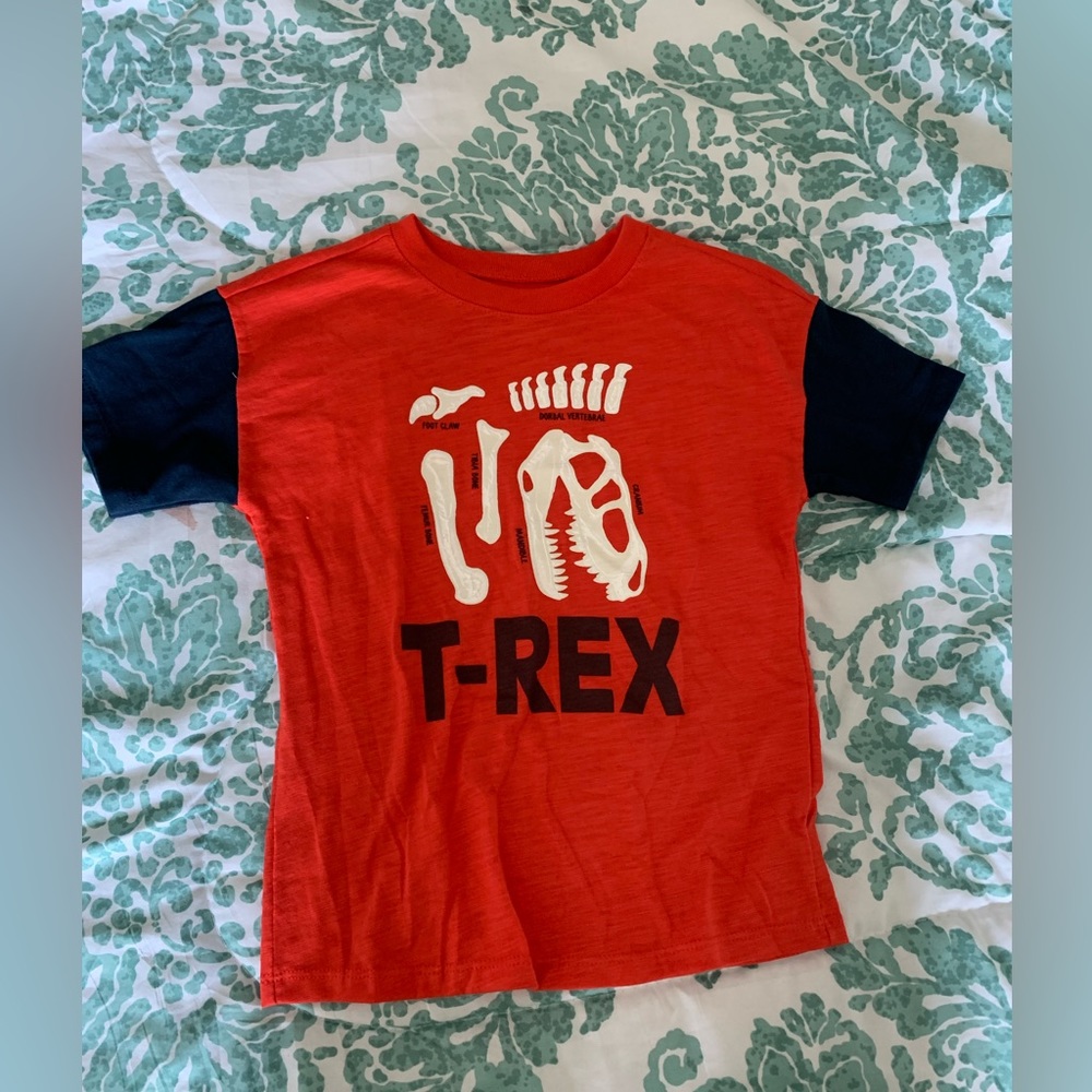 Orange and blue T. rex shirt